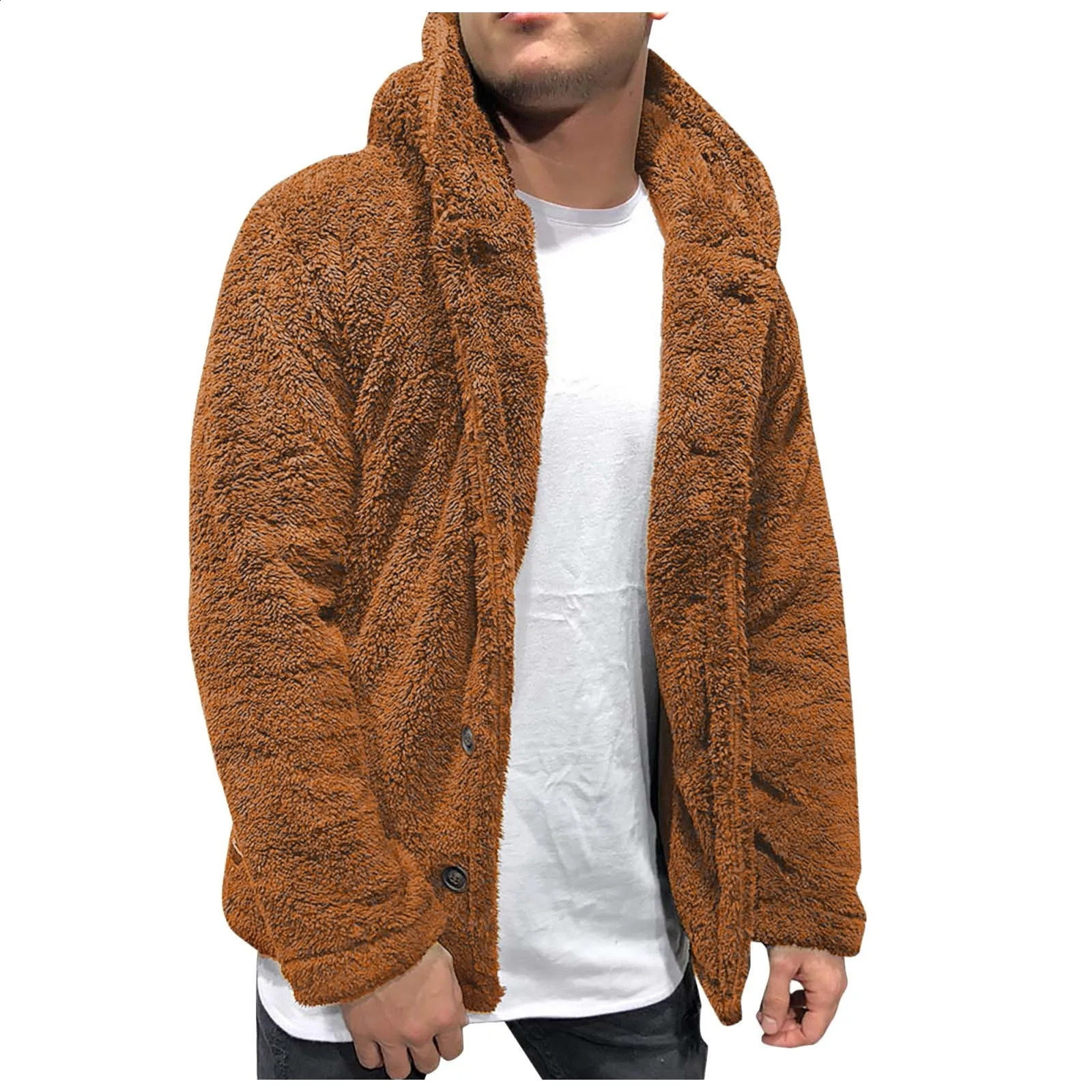 Mens autumn and winter hooded jacket solid color loose casual plush warm jacket casual top button jacket 240830