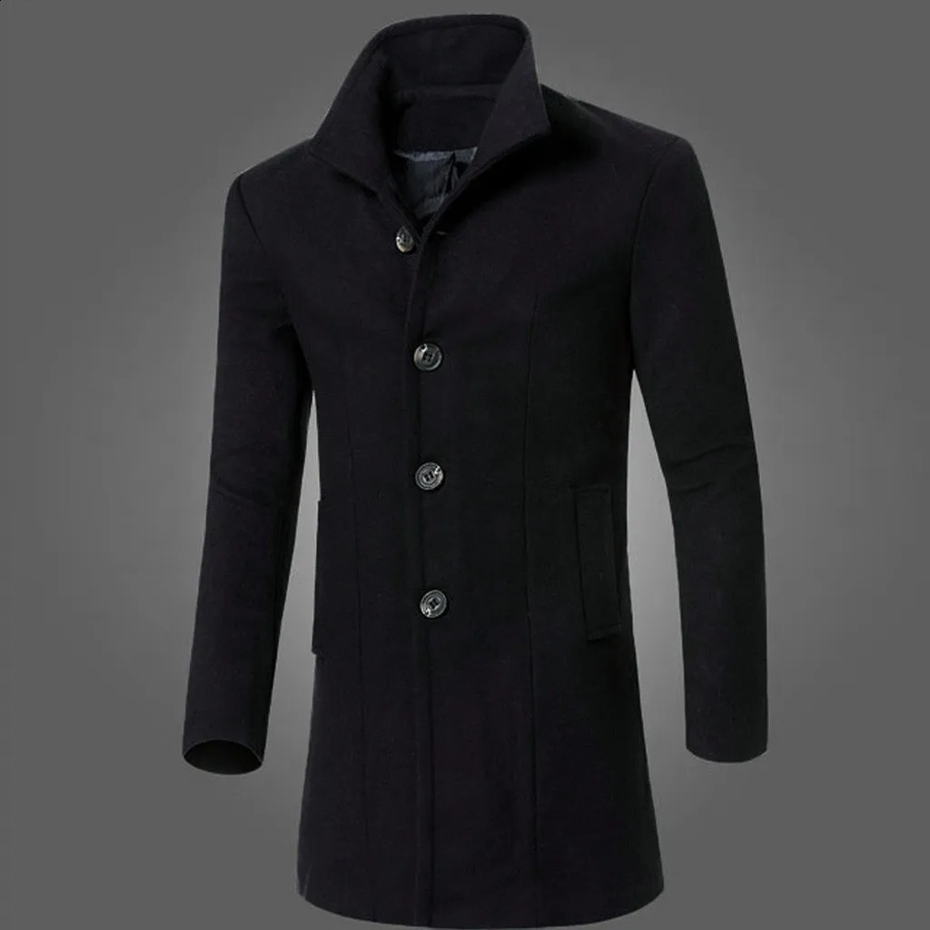 2023 Autumn and Winter Mens Casual Solid Color Slim Fit lapel Korean Version Medium Long Coat Woolen Windbreaker 240830
