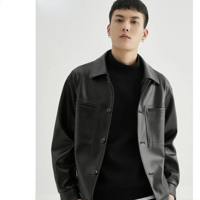 Mens Leather Jackets Lapel Collar Solid PU Coat Male Spring Autumn Fashion Solid Slim Button Jacket Men Clothing H46 240830