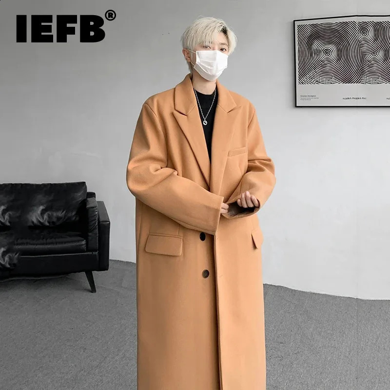 IEFB Mens Woolen Coat Mid Long Thickening Windbreaker Solid Color 2024 Single Breasted Male Loose Trench Fashion Autumn 21Z6024 240830
