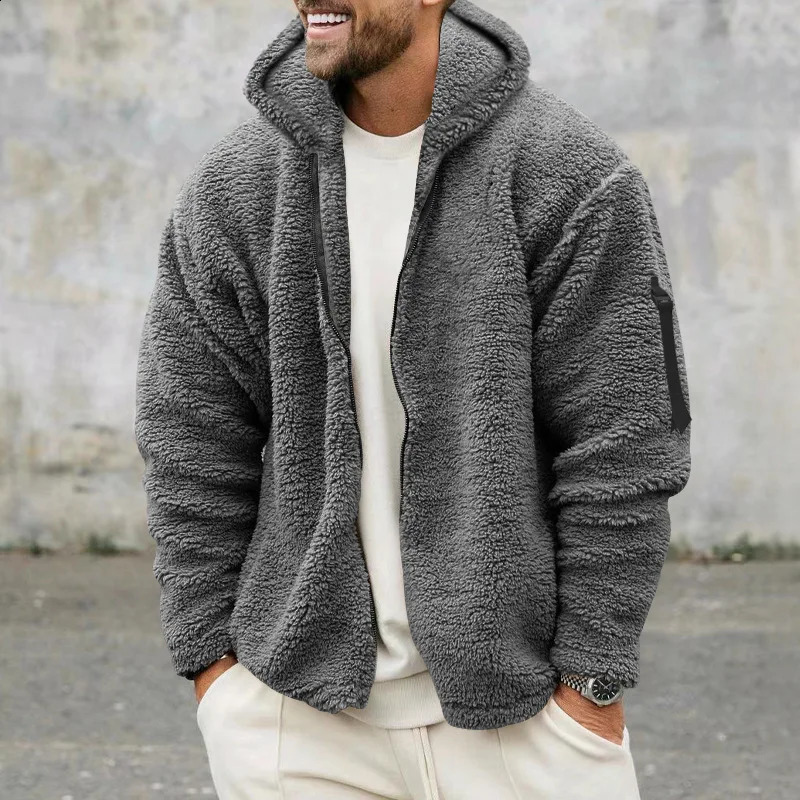 Winter mens fluffy wool thick warm jacket long sleeved hooded jacket plush button thick warm mens jacket 240830