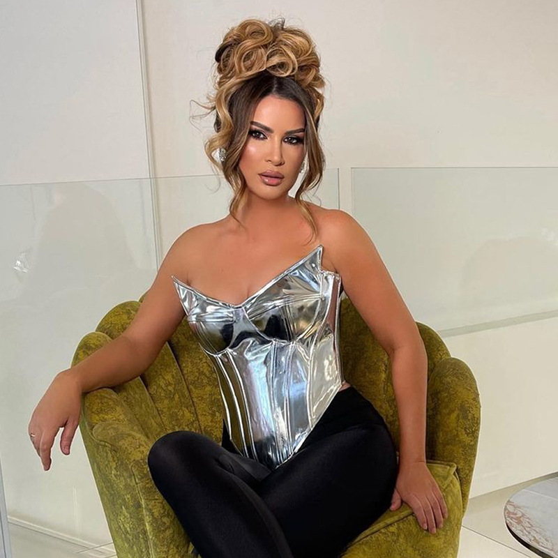 Women's Tanks 2023 Summer Strapless Crop Tops Women Sexy Leather Sleeveless Zipper Silver Busiter Tube Top Corset Y2K Backless Party-image-881018335