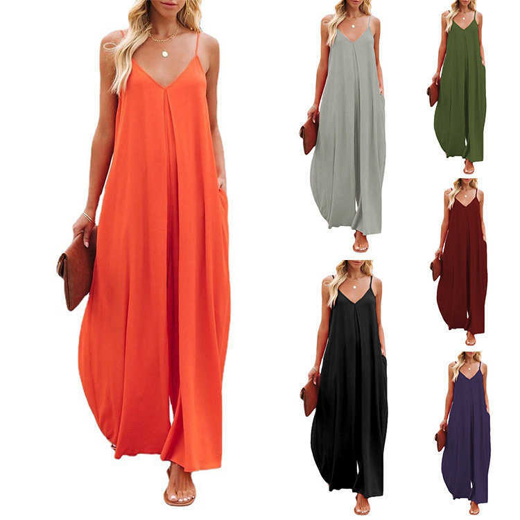 Women's Two Piece Pants Suspender Wide-leg Pants Women 2024 Summer New Cross-border Solid Color Bag Casual Jumpsuit T240301