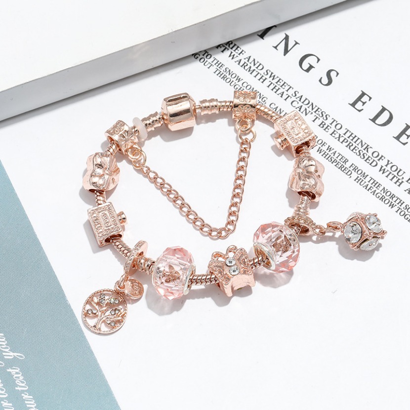 Boutique Rose Gold Bracelet Women Luxury Style Pink Glass Bead Bracelets fashion Style Cartoon Childrens Bracelet Spring Birthday Love Gift Jewel-image-946734480