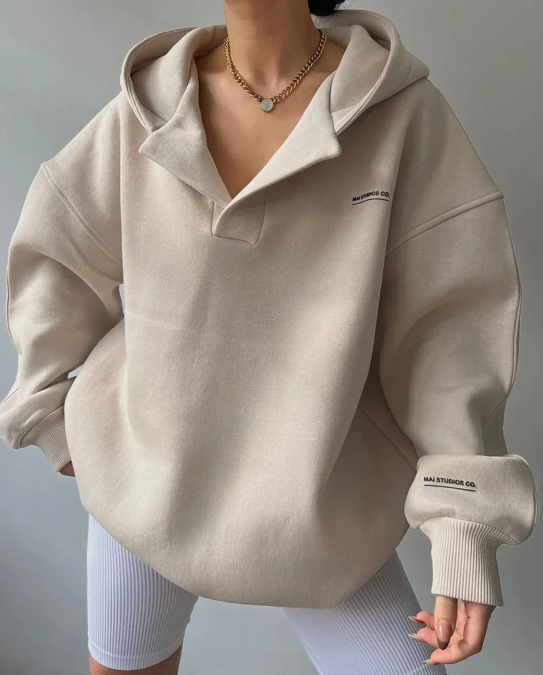2024 Spring Women Hoodie Grey Hooded Long Sleeve Vneck Velvet Warm Sweatshirt Female Summer Trendy Korean Ladies Clothes 240223w
