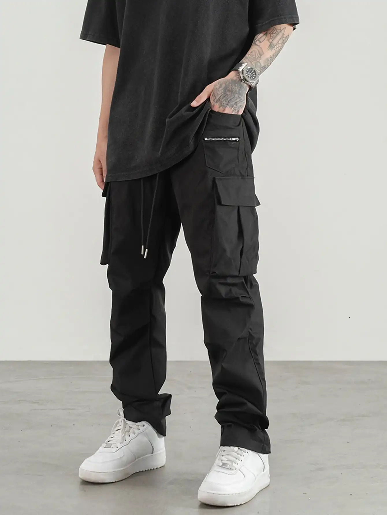 Mens Solid Multi Pocket Drawstring Cargo Pants Casual For Spring Summer Autumn Outdoor 240226