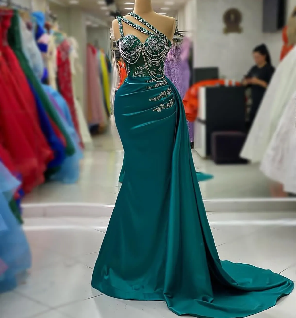 2023 Aso Ebi Arabic Hunter Green Mermaid Prom Dress Crystals Lace Evening Formal Party Second Reception Birthday Engagement Gowns Dresses Robe De Soiree ZJ732