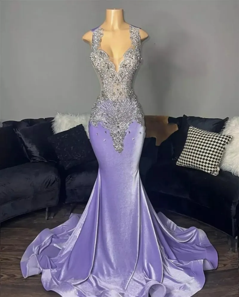 Light Purple Velvet Mermiad Prom Dresses 2022 For Black Girls Luxury Beaded Spaghetti Graduations Dresses Birthday Party Gowns