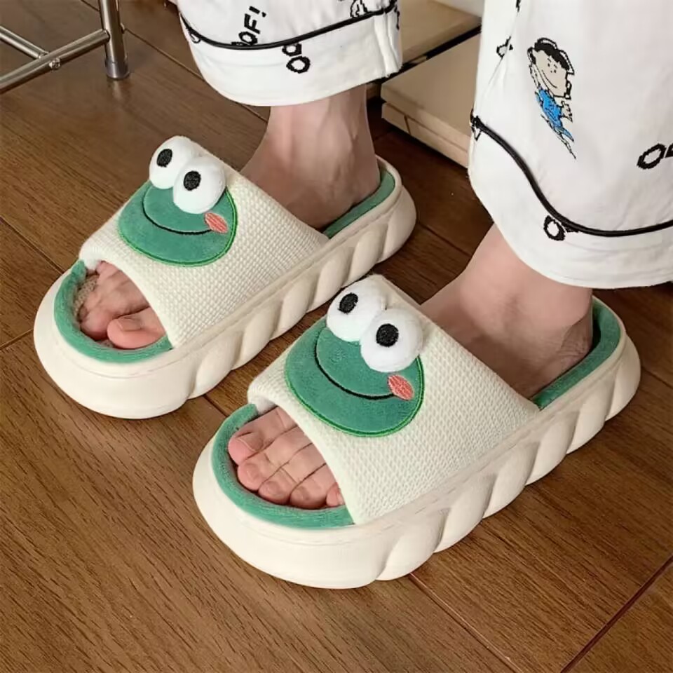 Spring And Autumn Linen Slippers Cute Cartoon Four Seasons Thick Soles Soft Comfortable Indoor Quiet Non-Slip