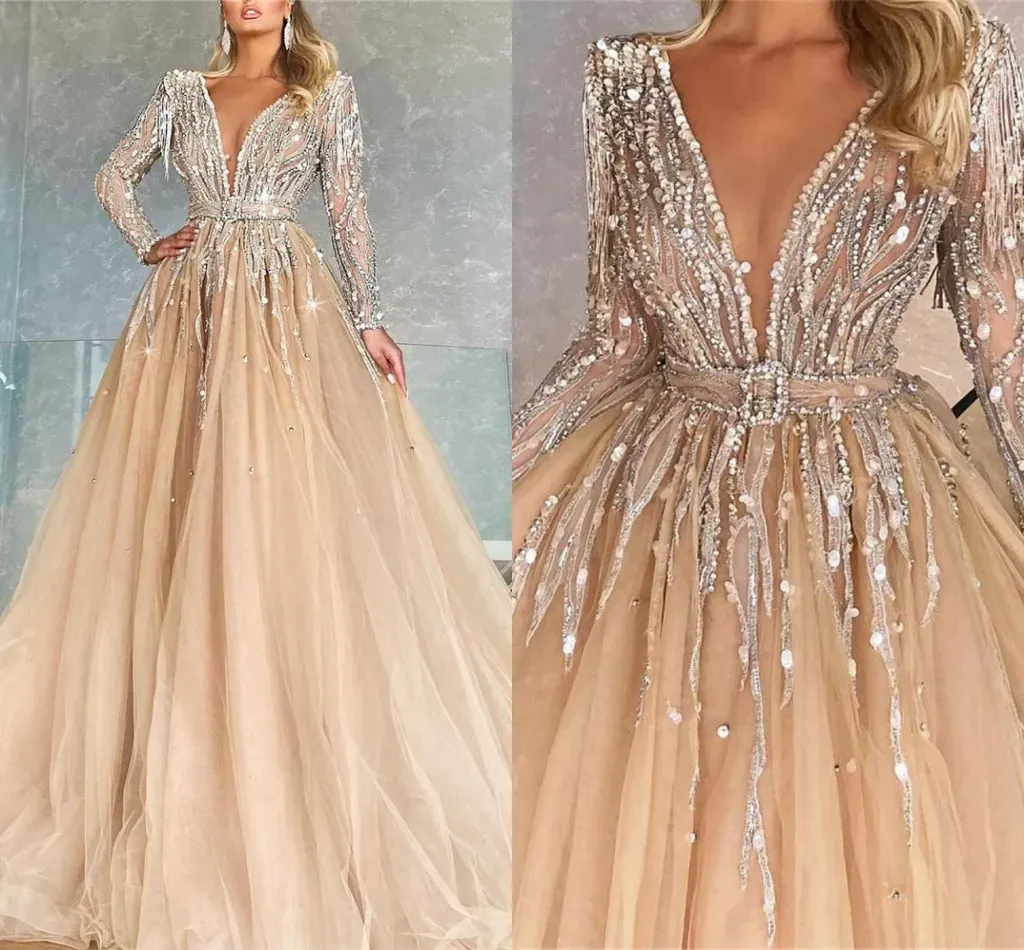 Champagne Evening Dresses Long Sleeves Beaded Sequins Plunging V Neck A Line Floor Length Plus Size Pleats Prom Gown Formal Custom vestidos-image-948025969