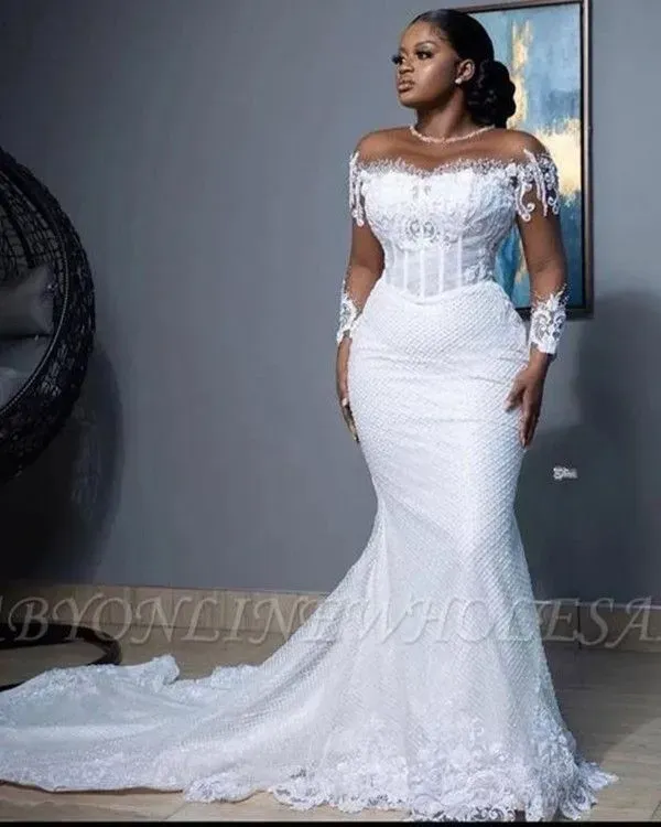 Elegant Lace Mermaid Wedding Dress Sheer Crew Neck Long Sleeves Bridal Gowns Beaded Bride robes de mariee Plus Size 2023 BC14725
