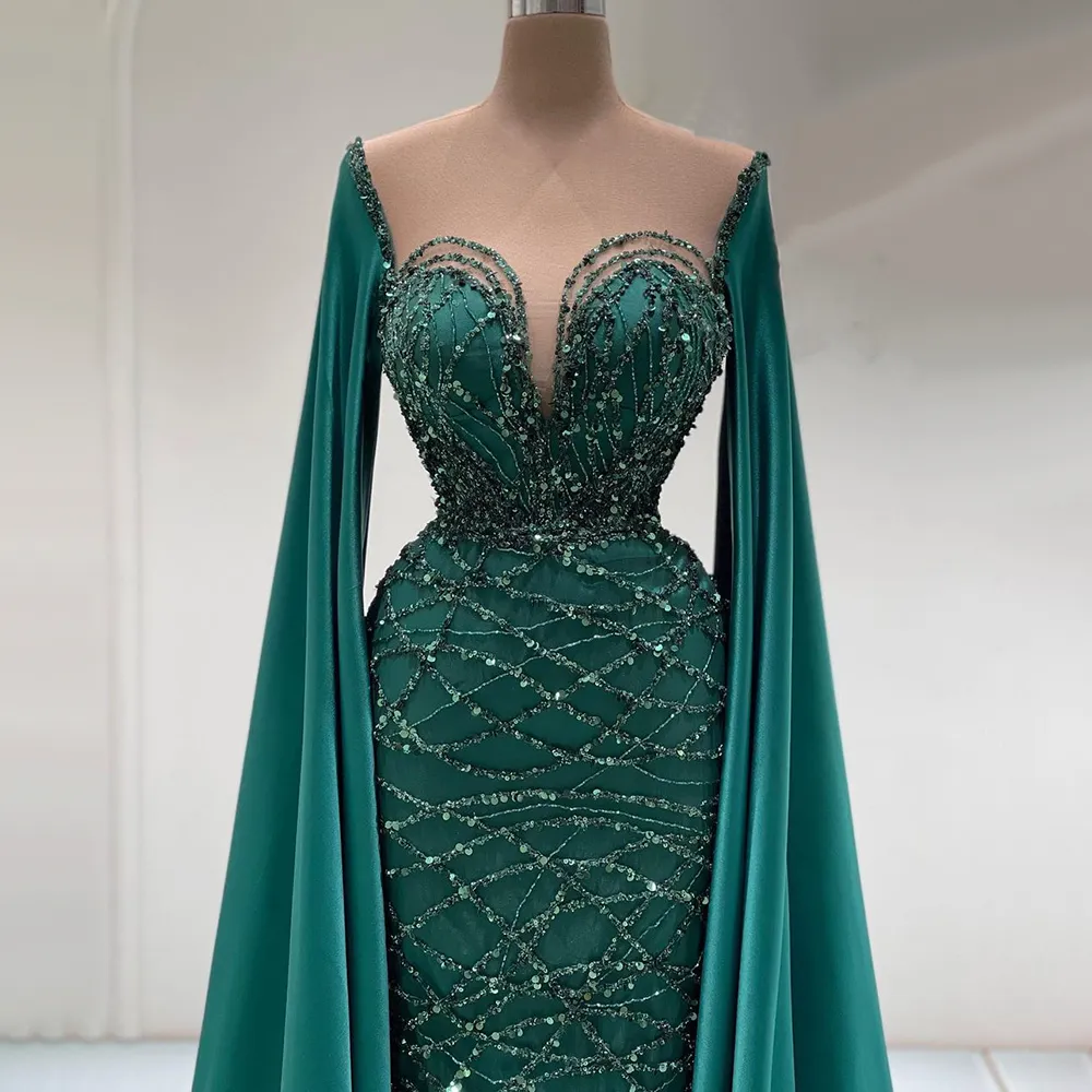 Hunter Green Cape long Sleeves Luxury Evening Dresses 2023 arabic dubai Mermaid Beaded Elegant For Women Prom Party Gown