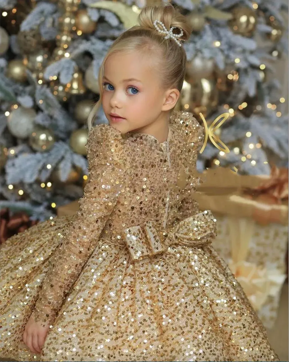 Gold Ball Gown Flower Girl Dresses for Wedding sequined Beaded Puffy Little Girls Pageant Dress Toddler First Communion Gowns