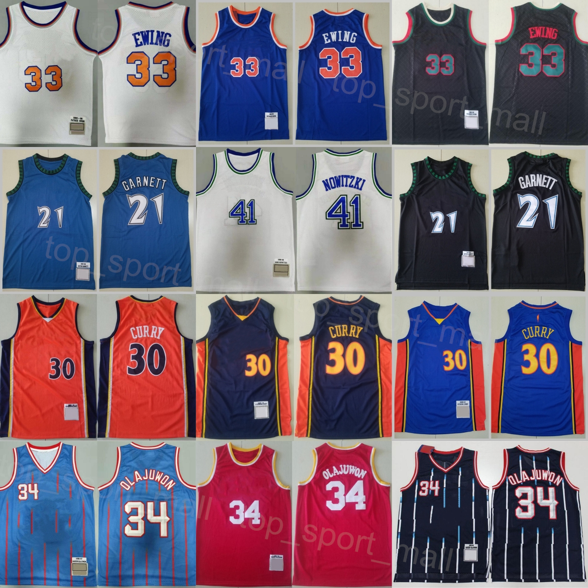 Retro Basketball 33 Patrick Ewing Jerseys Mens 30 Stephen Curry 21 Kevin Garnett 41 Dirk Nowitzki 34 Hakeem Olajuwon Vintage Stitched Man Sport S-image-757138699