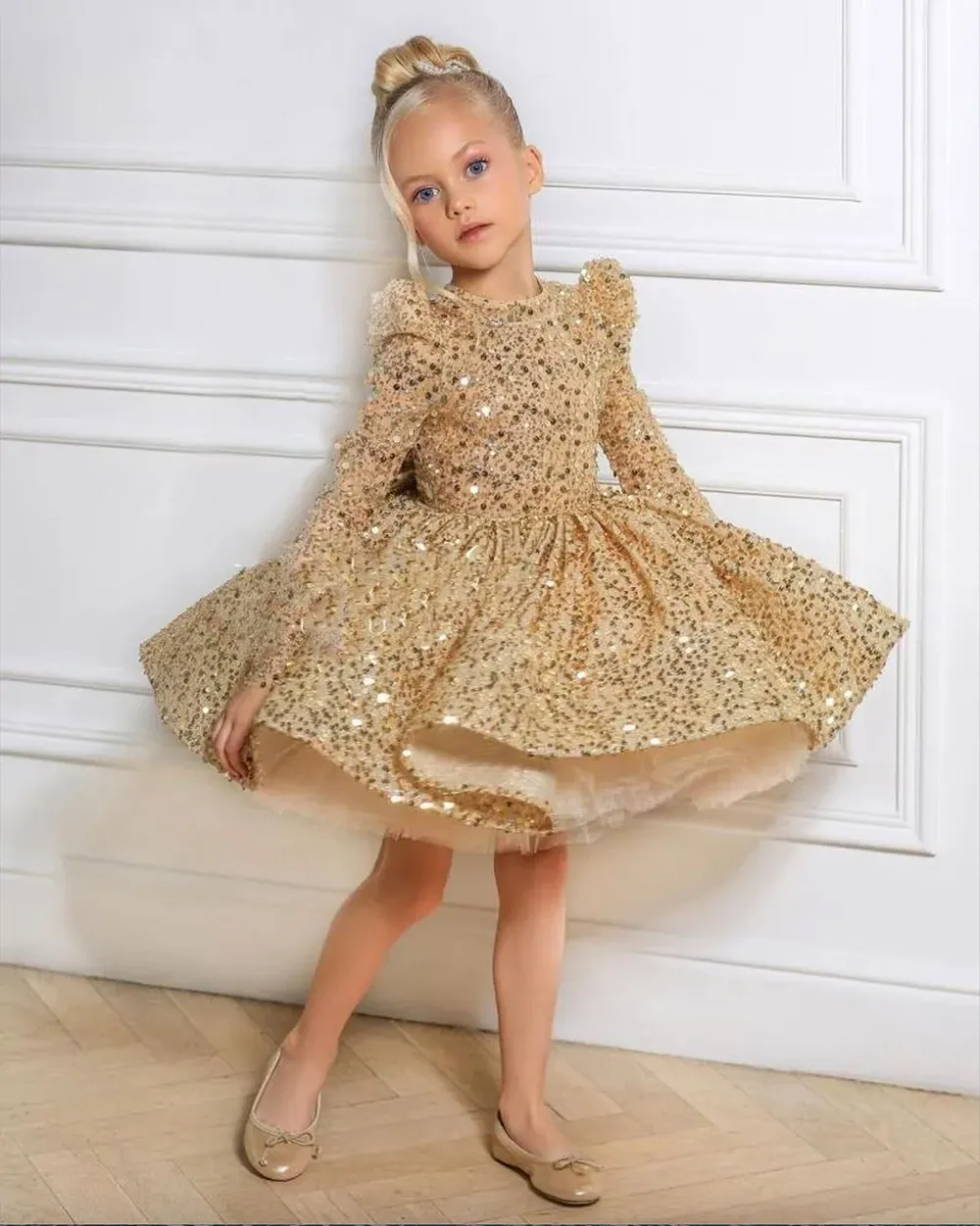 Gold Ball Gown Flower Girl Dresses for Wedding sequined Beaded Puffy Little Girls Pageant Dress Toddler First Communion Gowns