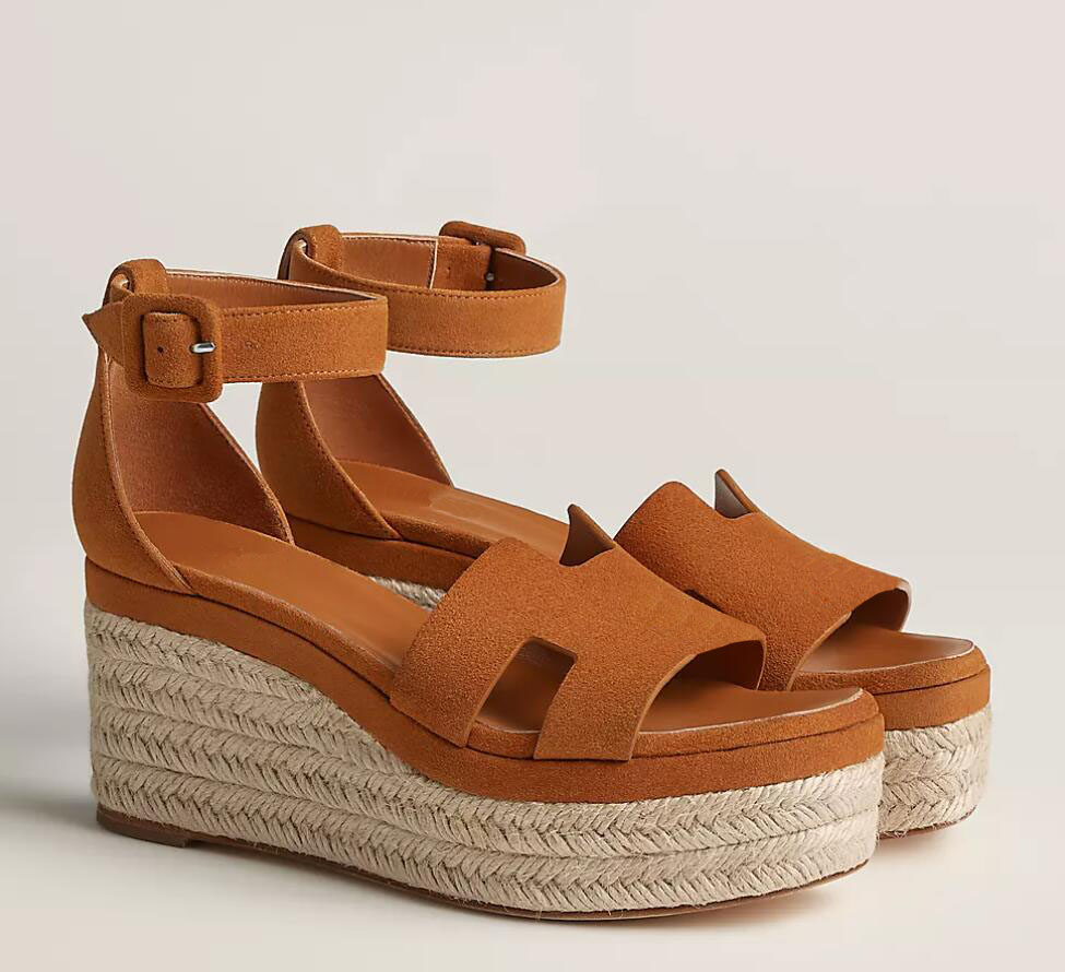 Luxury woman wedge & sandal wedge sandals elda espadrilles leather and suede wedges flats ankle strap Grass weaving sole platform heels open toe-image-948414151