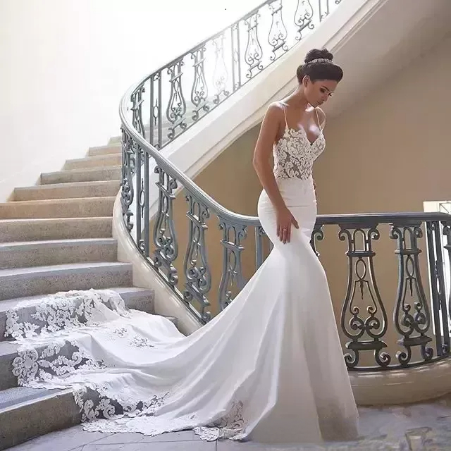 Robe De Mariee Sexy Spaghetti Straps Beach Mermaid Wedding Dresses Embroidery Lace Applique Backless Bridal Dress-image-948340700