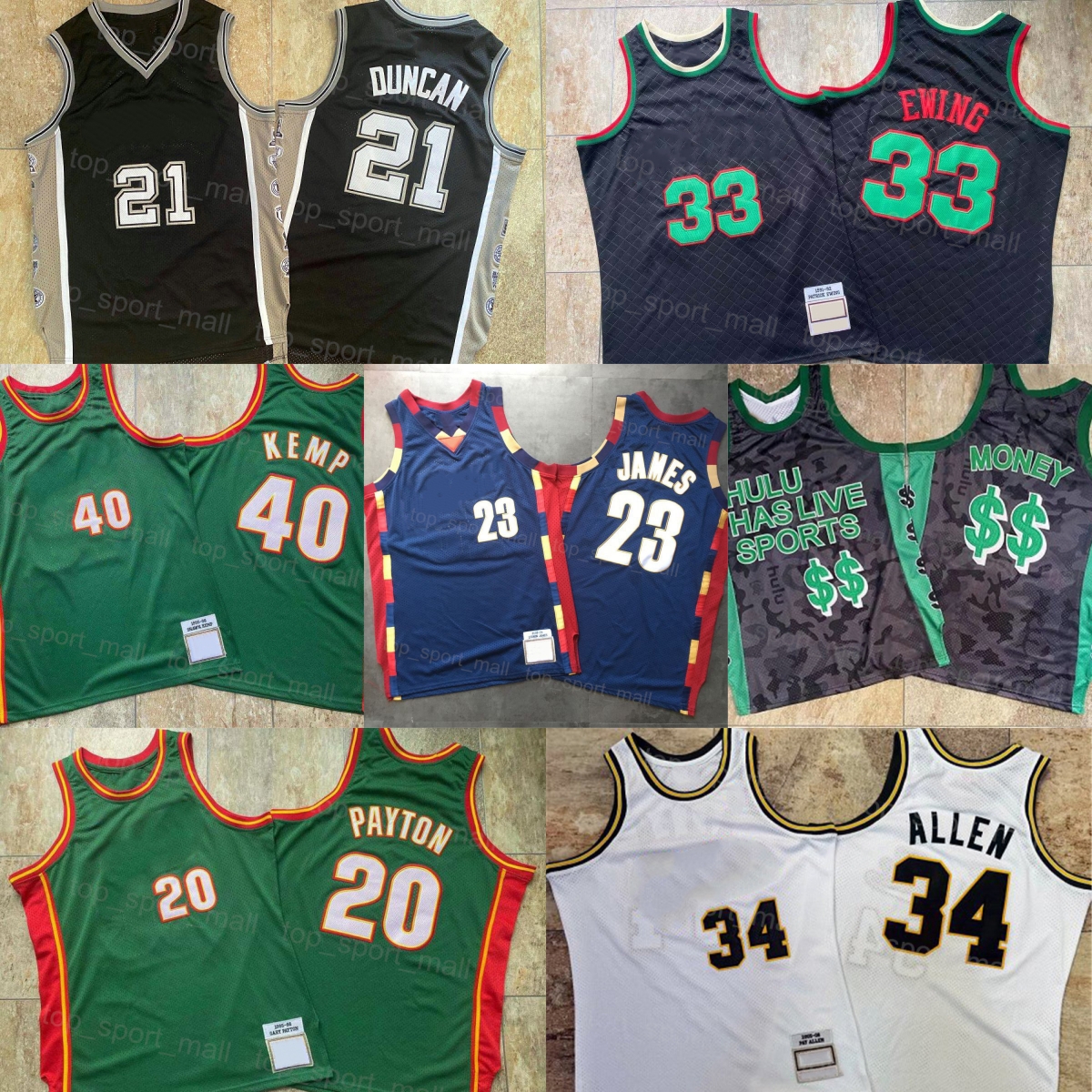 Maillot de basket-ball rétro authentique Patrick Ewing 33 Shawn Kemp 40 Gary Payton 20 Ray Allen 34 Tim Duncan 21 LeBron James 23 Money Vintage n