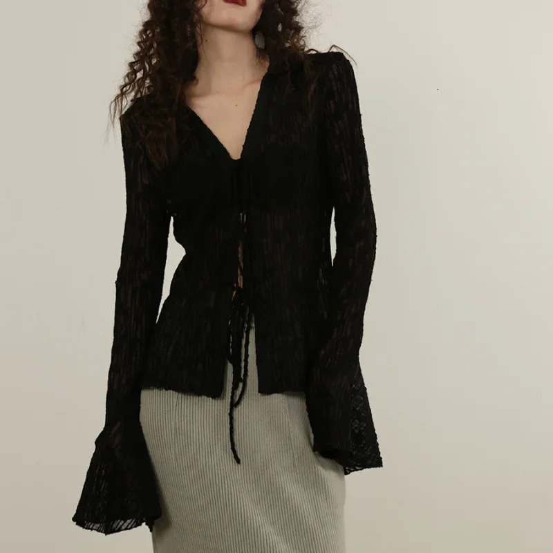 HOUZHOU Sexy Transparent Blouse Women Lace Korean Fashion Harajuku Long Sleeve See Through Black Goth Slim Shirts Y2k Aesthetic 240307