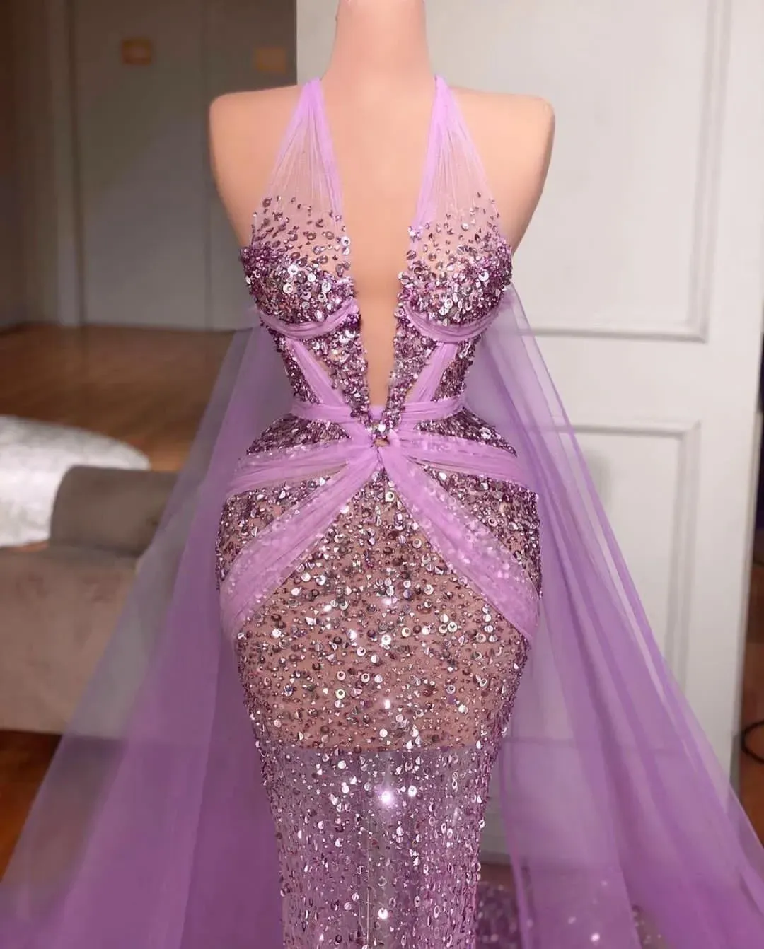 Purple Mermaid Prom Dresses Sleeveless V Neck Lace Halter Appliques Hollow Sexy Shiny Sequins Beaded Floor Length Celebrity Evening Dresses Plus Size Custom Made