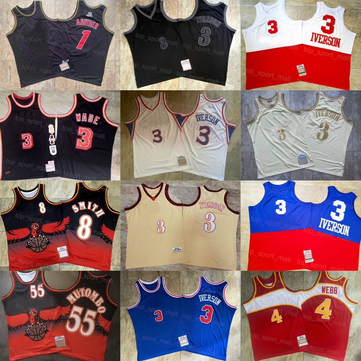 Maillot de basket-ball authentique vintage Allen Iverson 3 Vintage Dwyane Wade 3 Autre 1 Dikembe Mutombo 55 Steve Smith 8 Spud Webb 4 Rétro Rouge