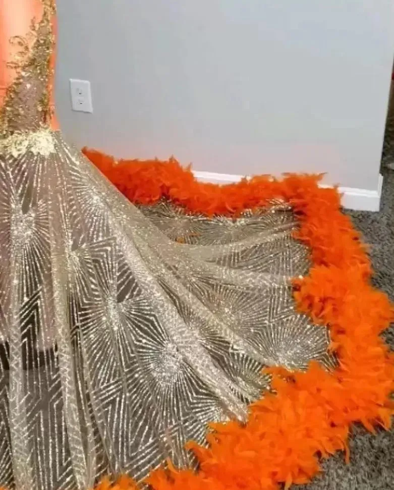 Black Girls Orange Mermaid Prom Dresses 2023 Satin Beading Sequined High Neck Feathers Luxury Skirt Evening Party Formal Gowns BC14825 0222