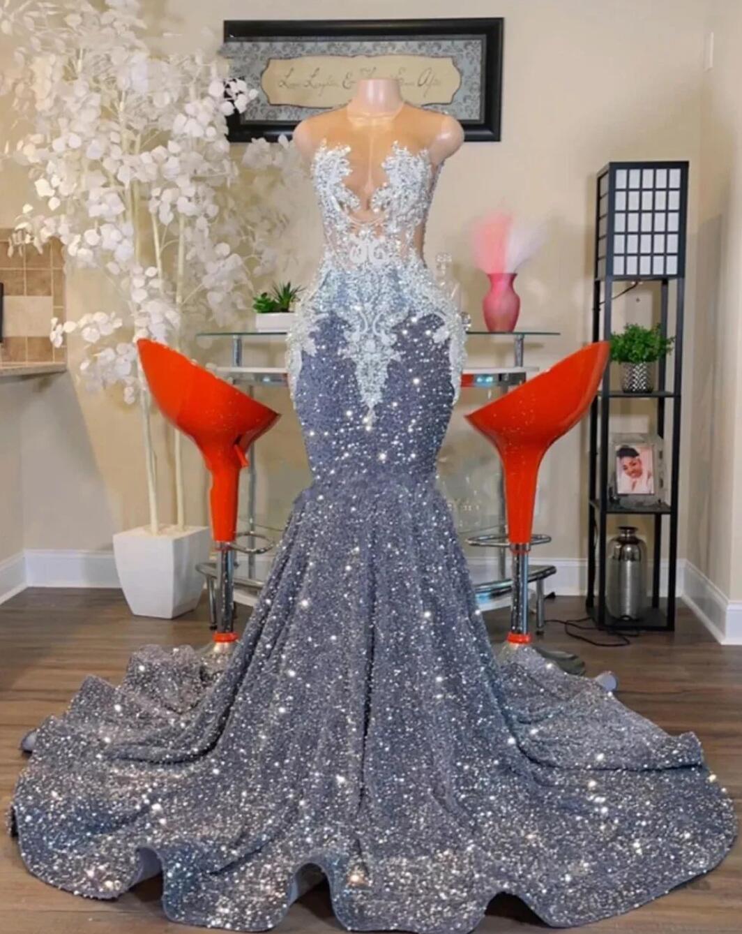 2024 Brillant Gris Paillettes Sirène Robes De Bal De Luxe O Cou Dentelle Appliques Plus La Taille Robes De Fête D'anniversaire Pour Les Femmes Ar