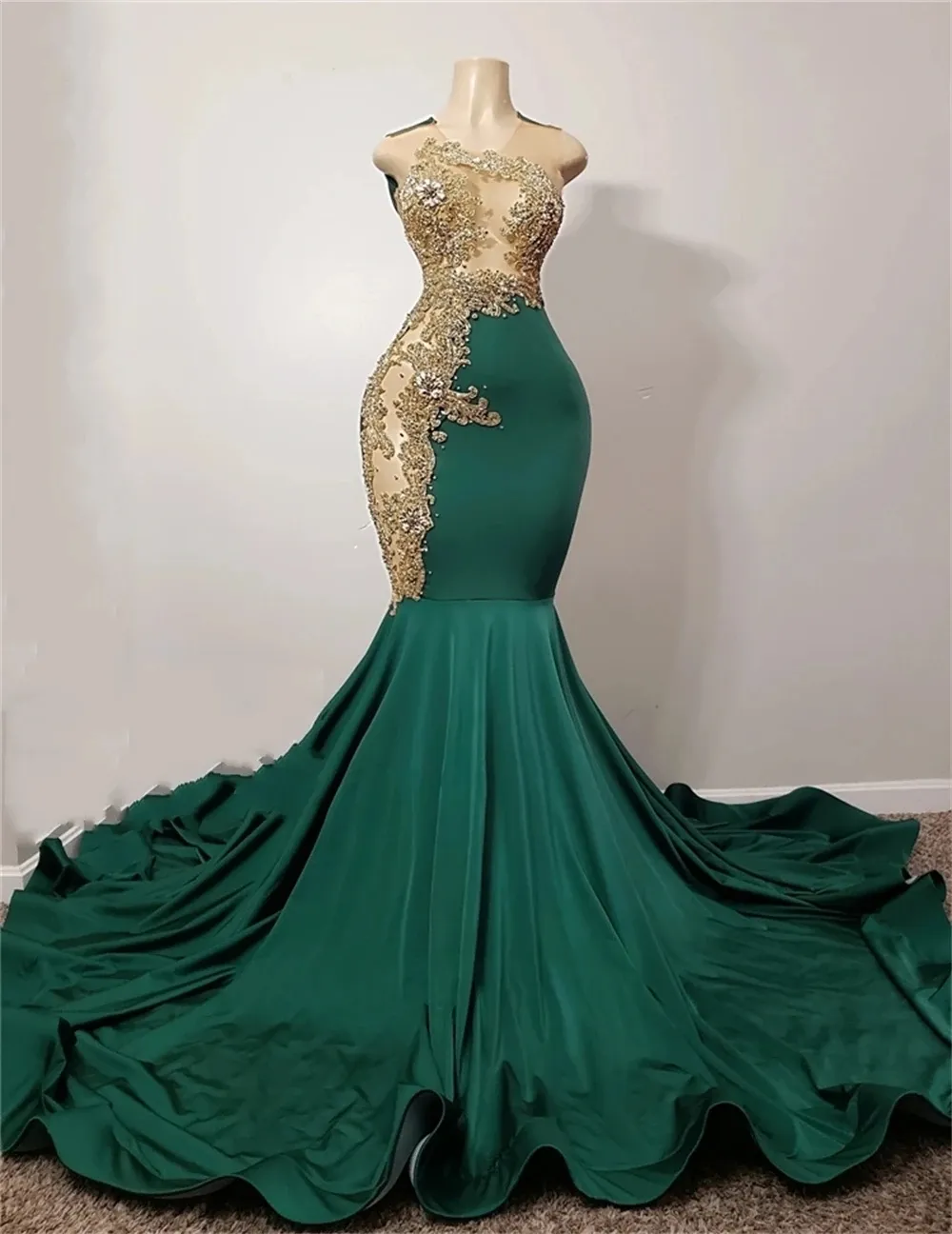 Emerald Green Mermaid Luxury African Prom Dress For Black Girl Gold Applique Diamond Crystal Gillter Skirt Evening Formal Gown-image-948914703