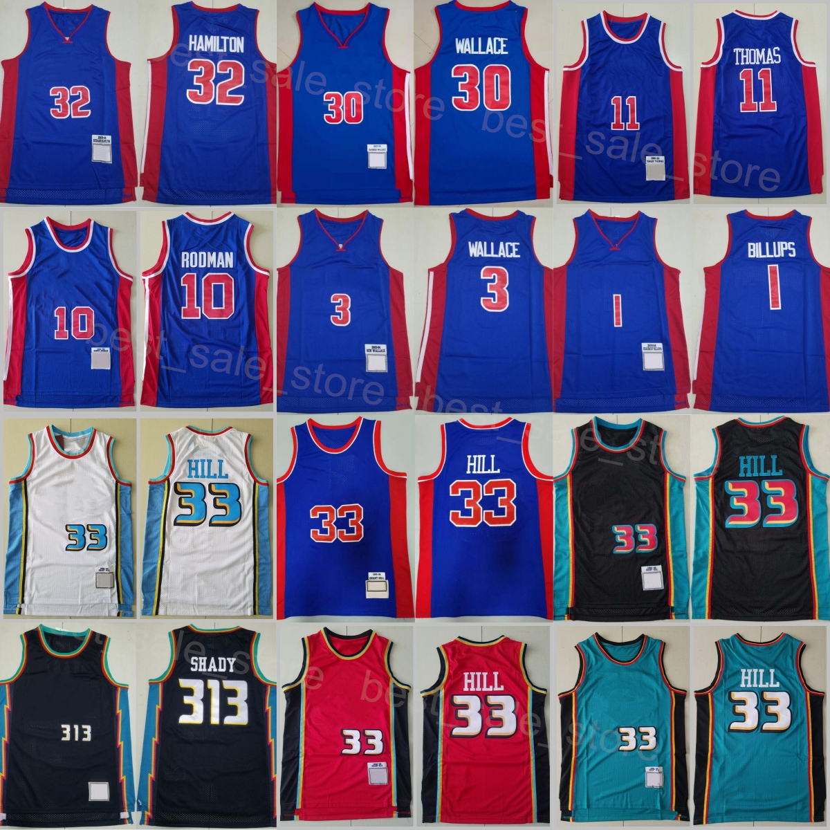 Throwback Basketball Retro Grant Hill Jersey 33 Isiah Thomas 11 Dennis Rodman 10 Chauncey Billups 1 Ben Wallace 30 Richard Hamilton-image-787322251