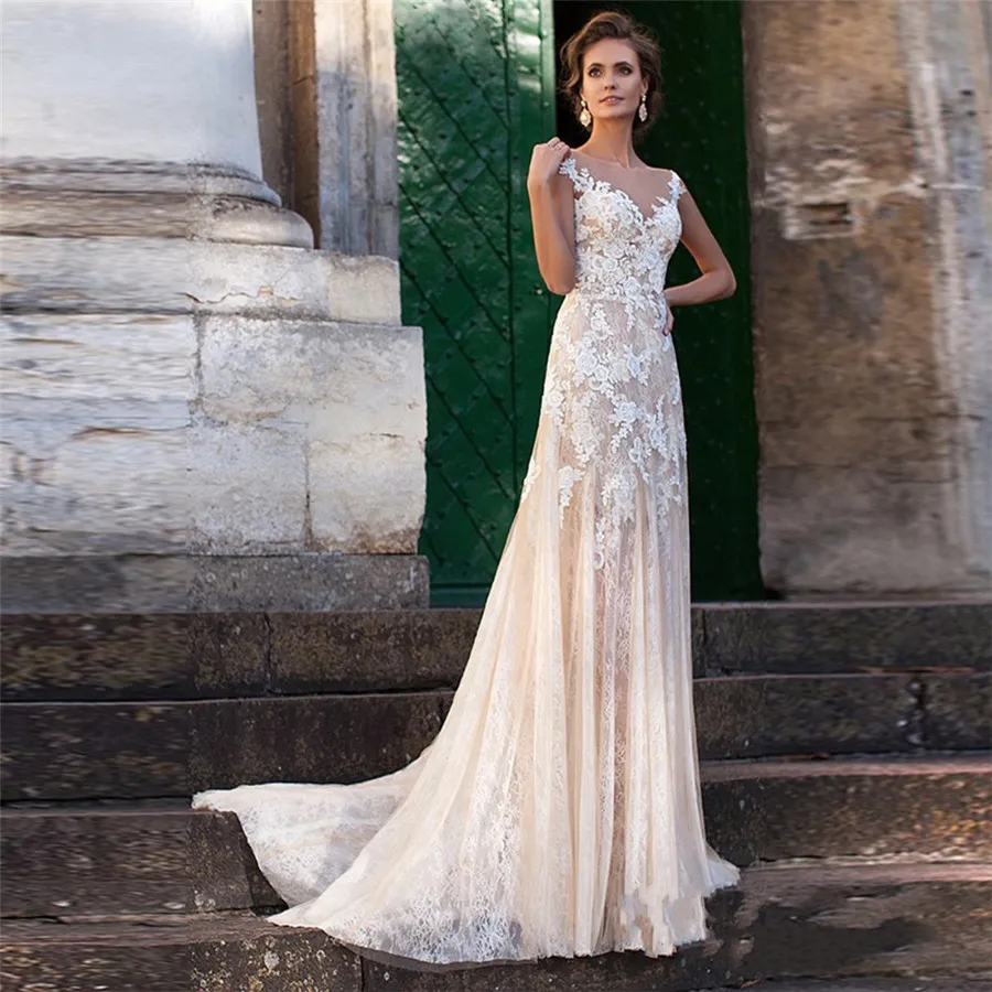 Robe en dentelle 2024 Illusion Necke Appliques Vintage Bridal Robes Robe de Mariage Sheat Robes de mariée