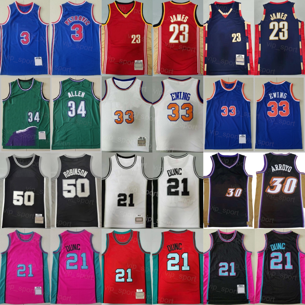 Maillot de basket-ball vintage Carlos Arroyo 30 rétro Drazen Petrovic 3 Tim Duncan 21 David Robinson 50 Ray Allen 34 LeBron James 23 Bleu Blanc N