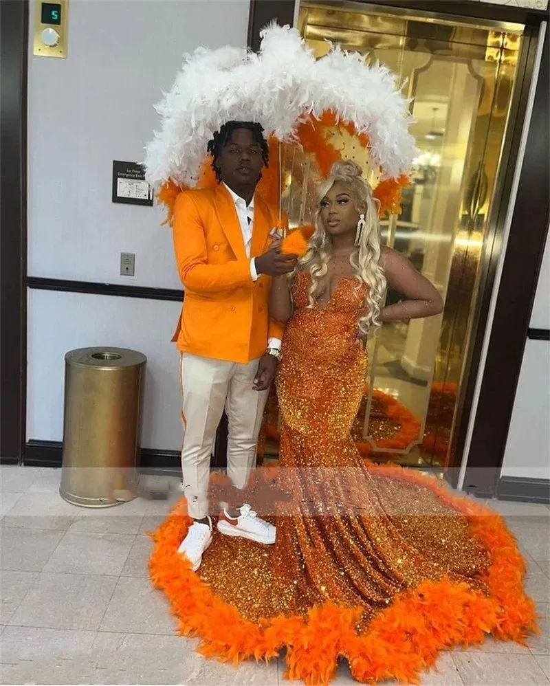 New Arrival Orange Mermaid Prom Dress 2023 Sparkly Beads Crystal Feathers Sequins Luxury Birthay Party Gown Robe De Bal