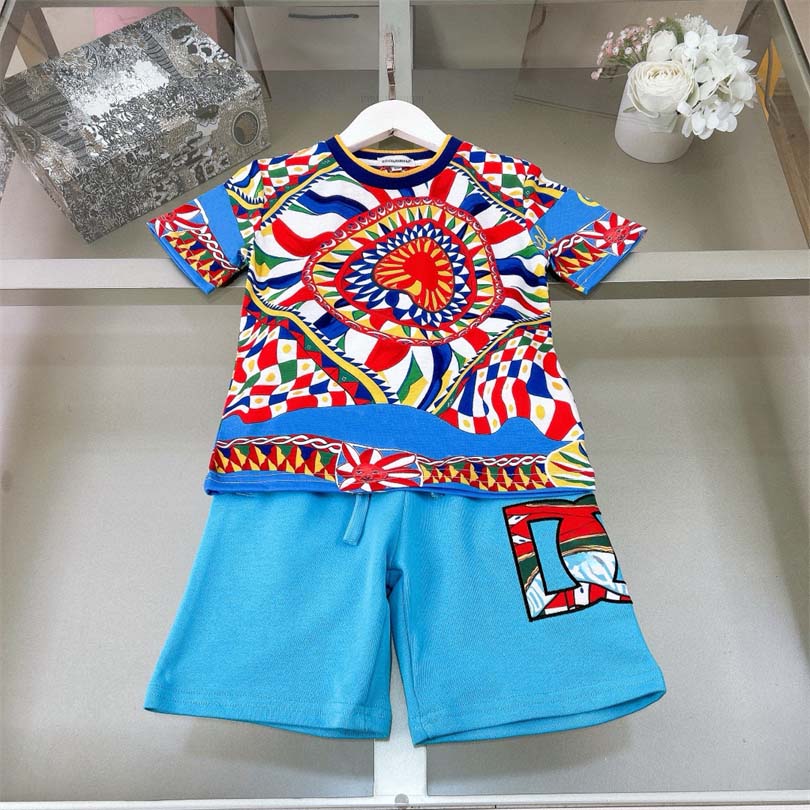 Kids girls boys two pcs sets fashion summer cotton vintage floral Outfits luxury designer kids girl skirt dress set boy jumper tshirt childrens c
