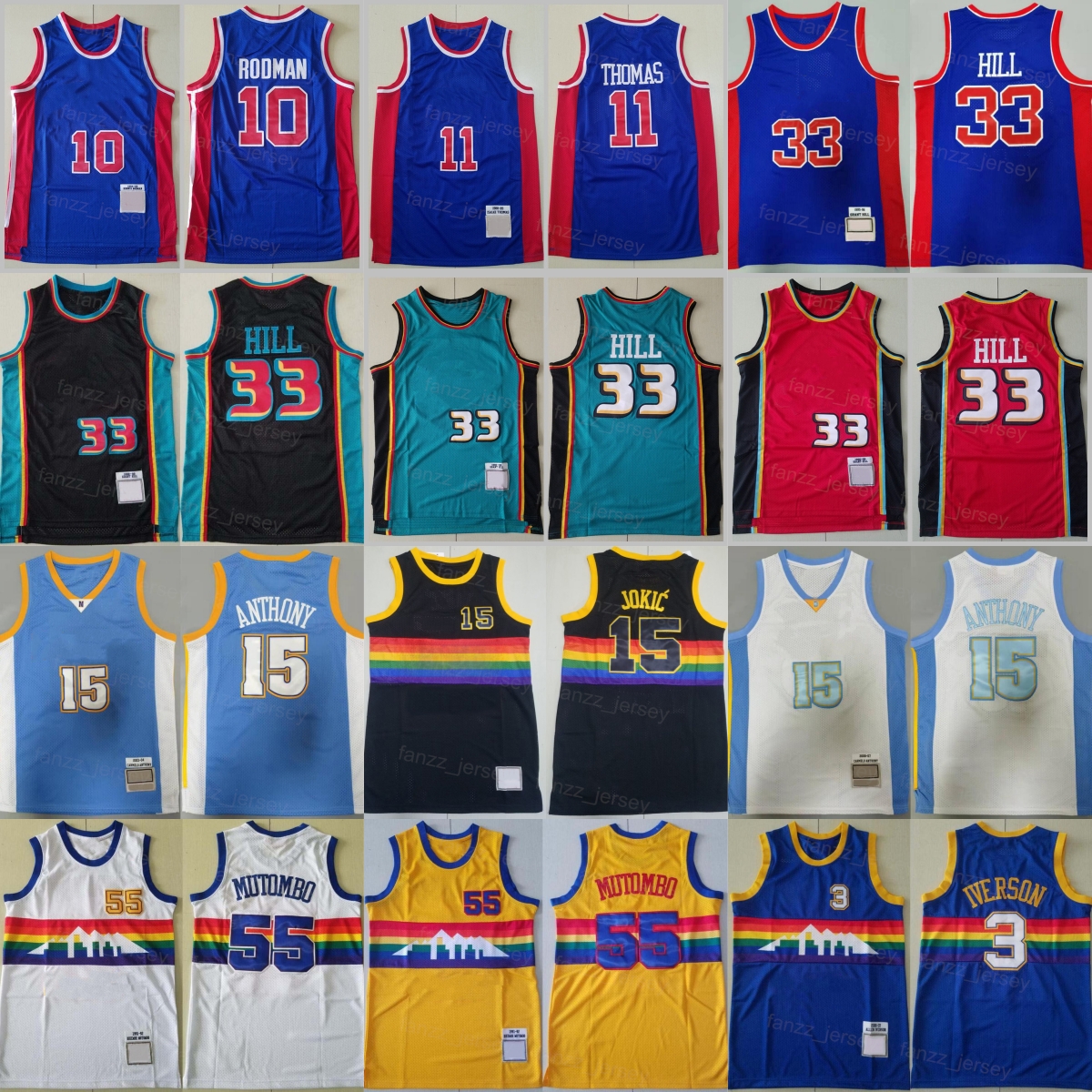 Maillot de basket-ball rétro Isiah Thomas 11 Grant Hill 33 Dennis Rodman 10 Dikembe Mutombo 55 Carmelo 15 Allen Iverson 3 Throwback Sport Bleu Bl