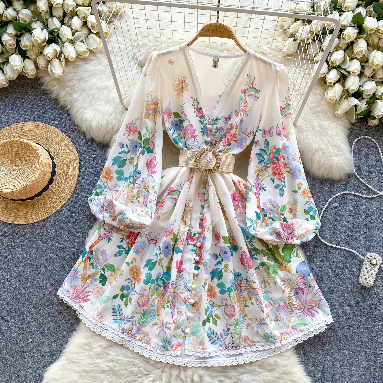 Casual Dresses Spring Fashion Holiday Flower Painting Print Dress Women Long Lantern Sleeve V-Neck Lace Hem Buttons Belted Mini Dress2024