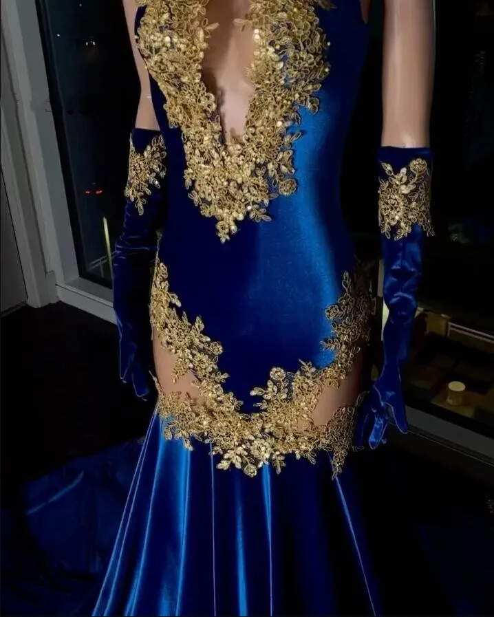 Royal Blue Lace Applique Sheath Prom Dresses 2024 Sheer Neck Evening Gowns With Gloves Black Girls Mermaid Formal Party Dress Robes De Soiree 0221