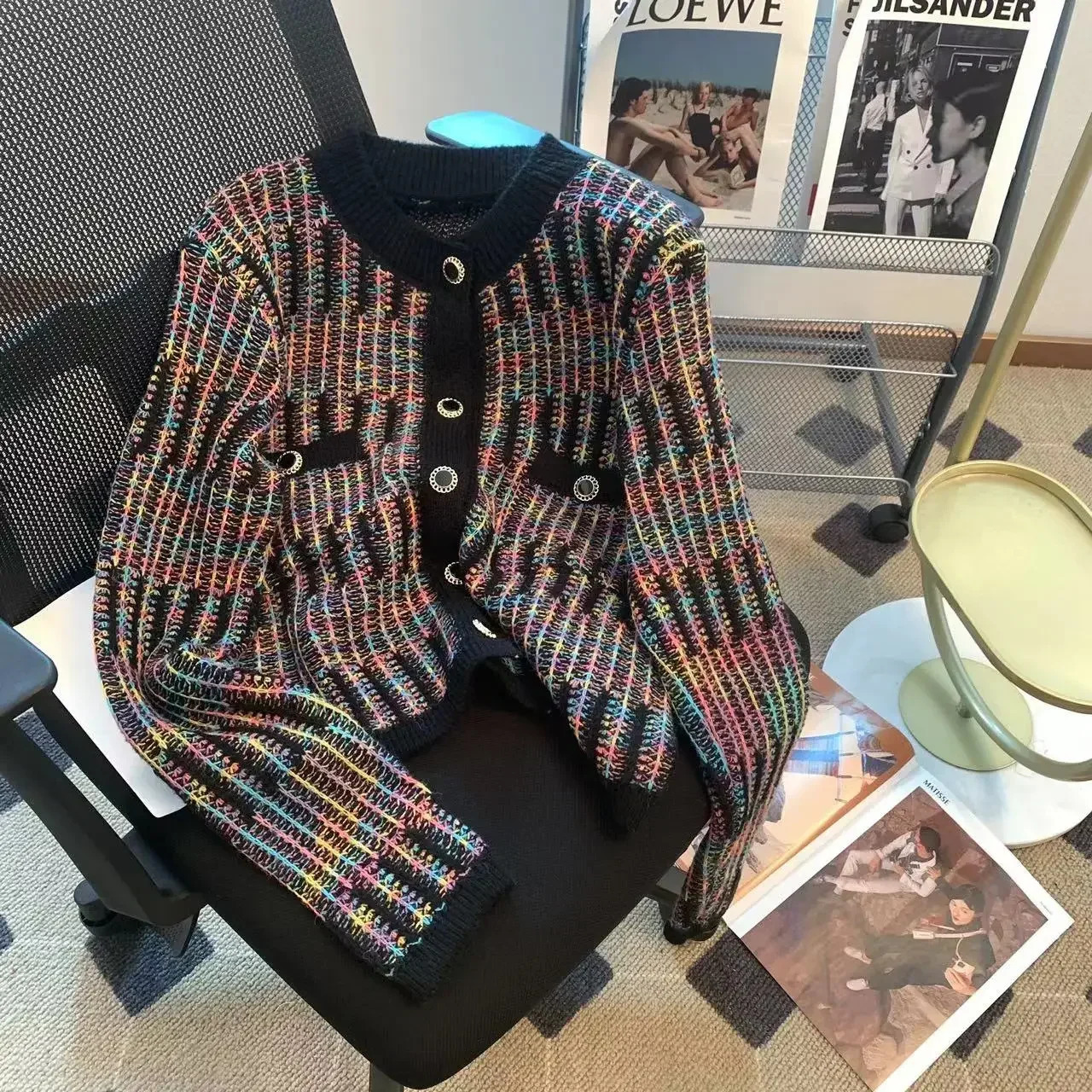 Sandro Rivers Autumn Loose Rainbow Striped Knitted Cardigan Sweater Women Long Sleeve Mixed Color Single Breasted Pockets Top Sandro Dress Robe Sand