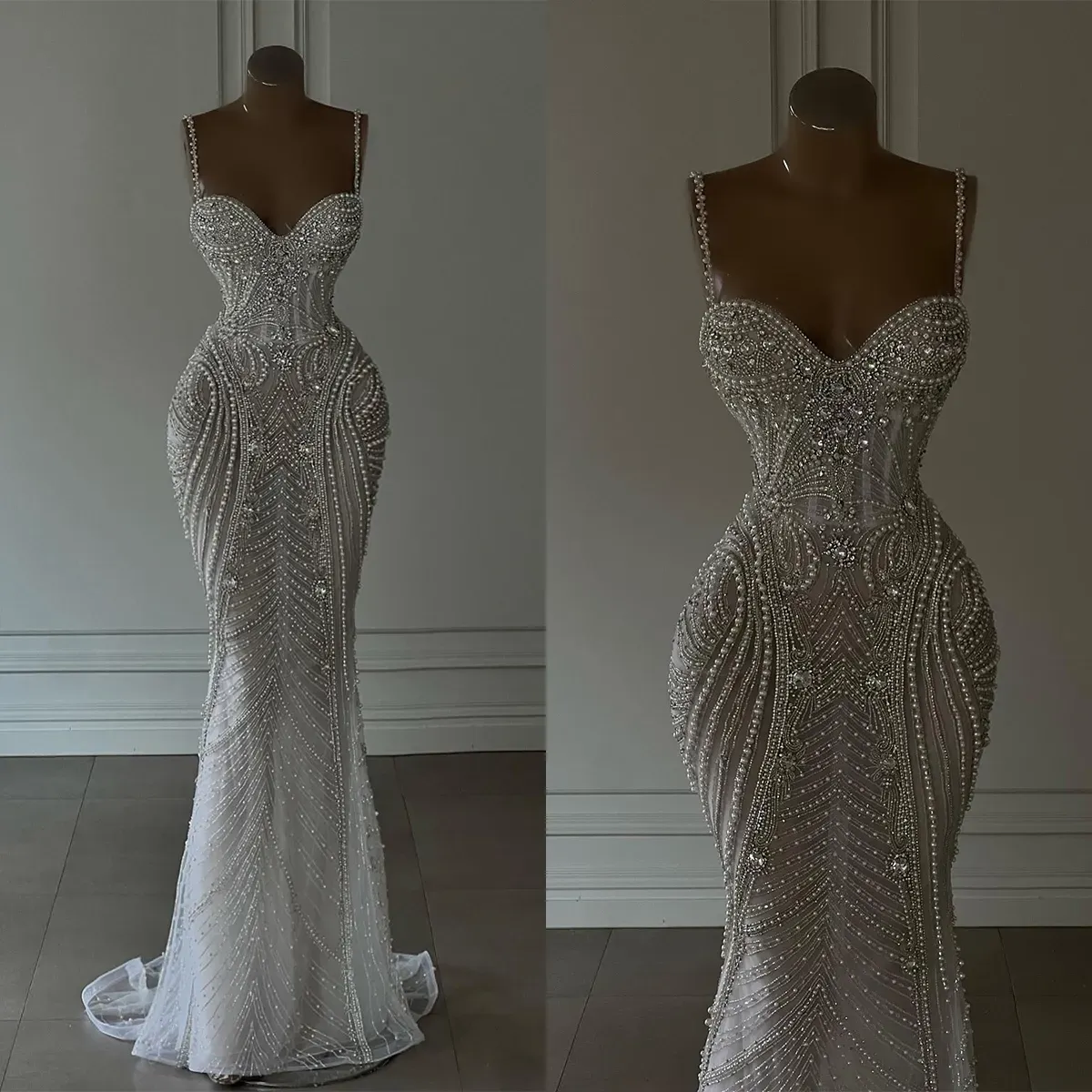 Mermaid Wedding Dresses Spaghetti Sweetheart Pearls Chain Beads Backless Zipper Floor Length Custom Made Plus Size Bridal Gown Vestidos De Novia