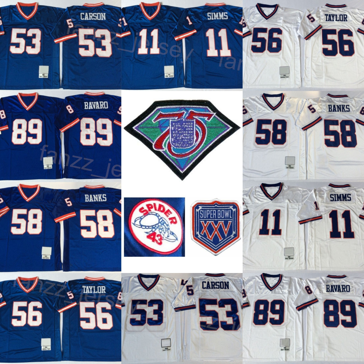 Vintage Football 89 Mark Bavaro Jersey Retro 11 Phil Simms 53 Harry Carson 58 Carl Banks 56 Lawrence Taylor 43 Spider 1986 XXV 1990 Blue White Stitc