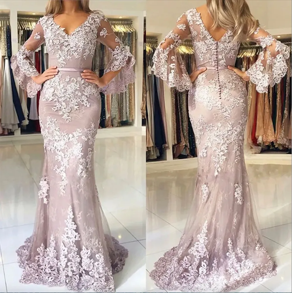 Elegant Mermaid Lace Mother Of The Bride Dresses V Neck Long Sleeves Wedding Guest Dress Floor Length Appliqued Evening Gowns-image-950675240