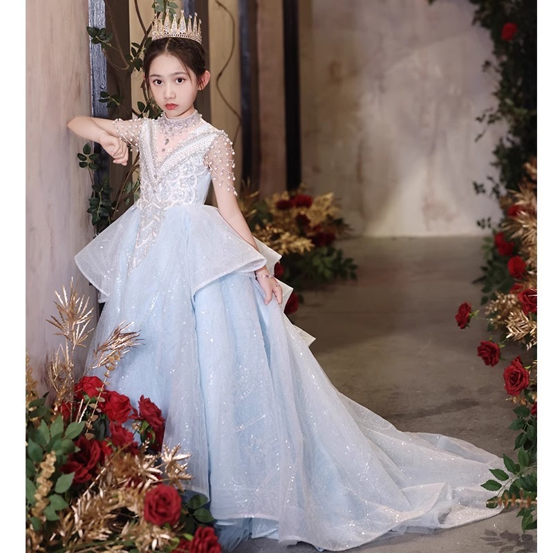 New crystals beaded Flower Girl Dresses For Wedding princess pearls beaded Tiered Skirts Little Girls Pageant Dress baby long train bling First H-image-951146809