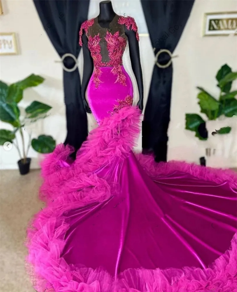  Neck Evening Dress For Black Girls Birthday Party Dresses Luxury Beaded Appliques Ruffles Prom Gowns Mermaid Robe De Bal