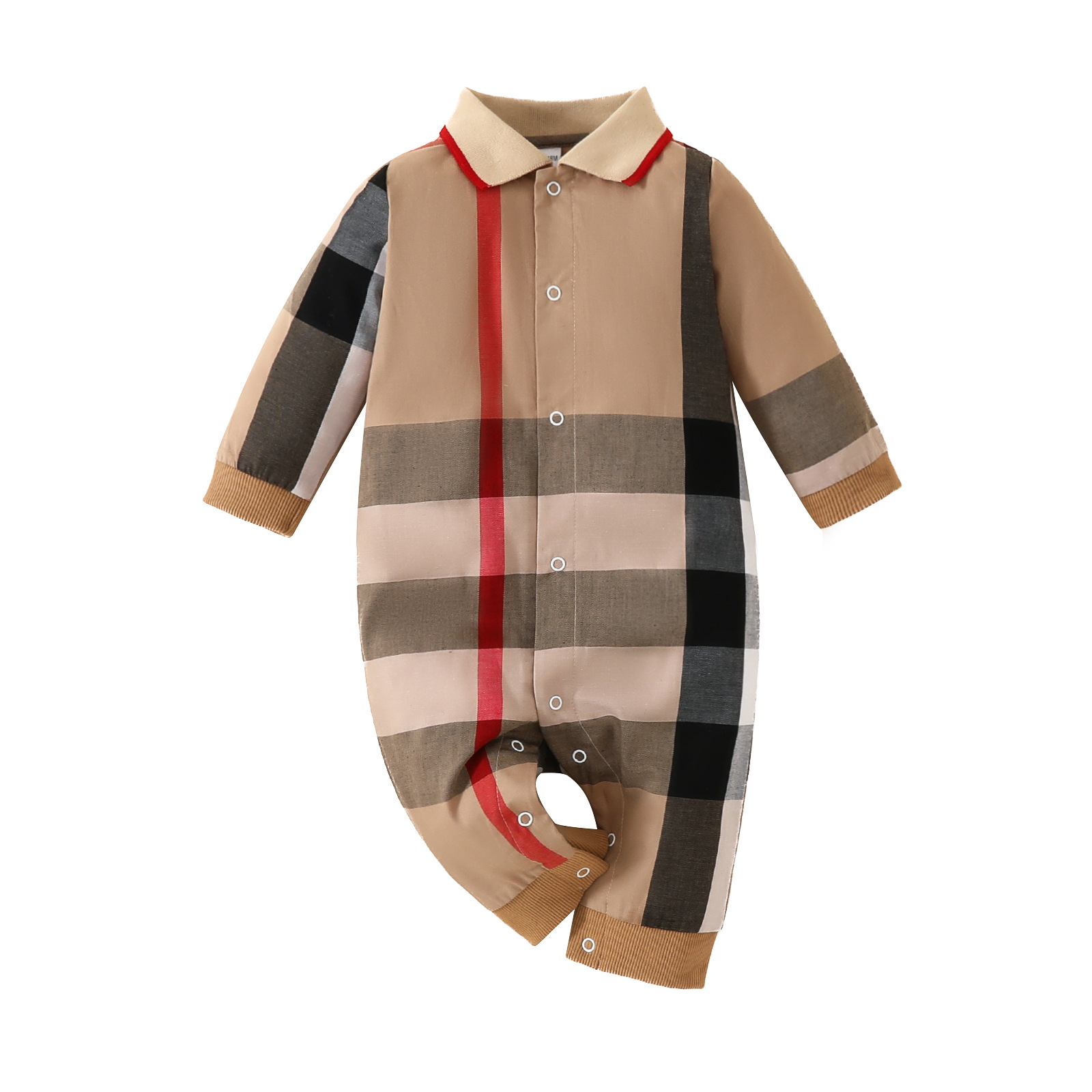 Baby jumpsuit Romper with versatile lapels for newborns, plaid long sleeved underwear cotton casual baby crawling clothes for boys and girls-image-950934893