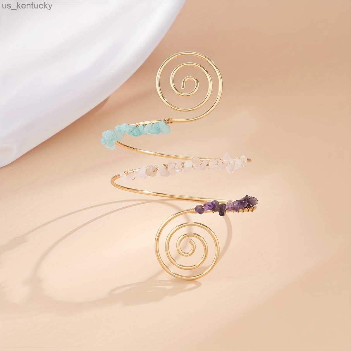 Charm Bracelets Elegant Natural Stone Beaded Spiral Armband - 14K Gold-Plated Open Arm Cuff for Women Ideal for Parties Vacation-image-950988521