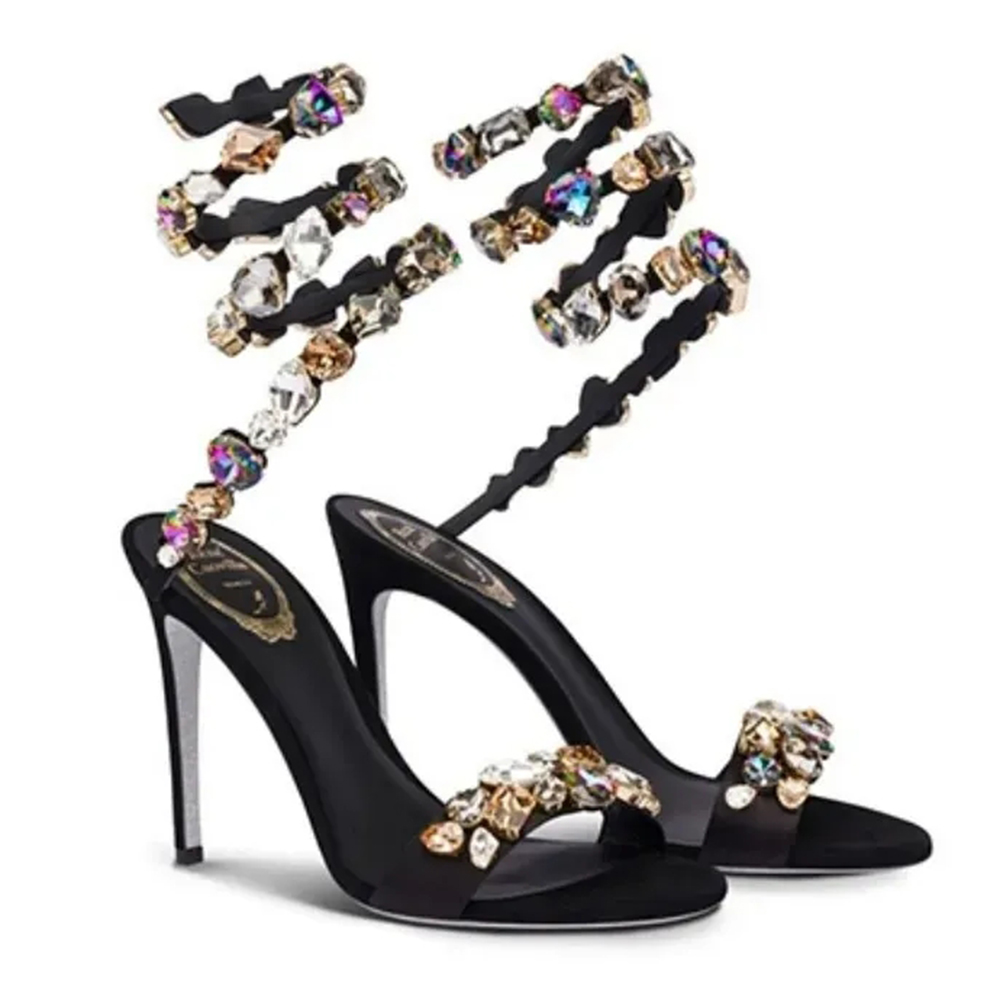 Rene Caovilla Grosses particules Sandales enveloppantes en cristal Diapositives Pantoufles Chaussures à talons aiguilles Chaussures de luxe pour