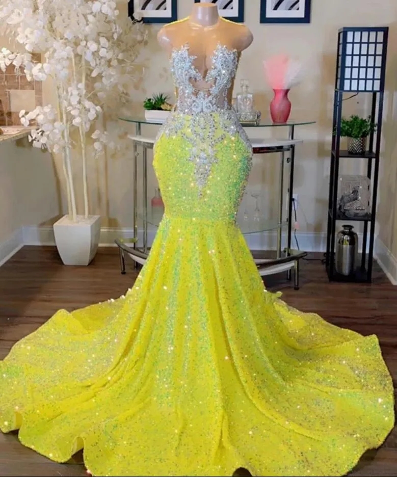 Shinning Yellow Sequin Mermaid Prom Dresses Luxury Jewel Neck Lace Appliques Plus Size Birthday Party Gowns For African Girls Bc15713 Youmaiwedding