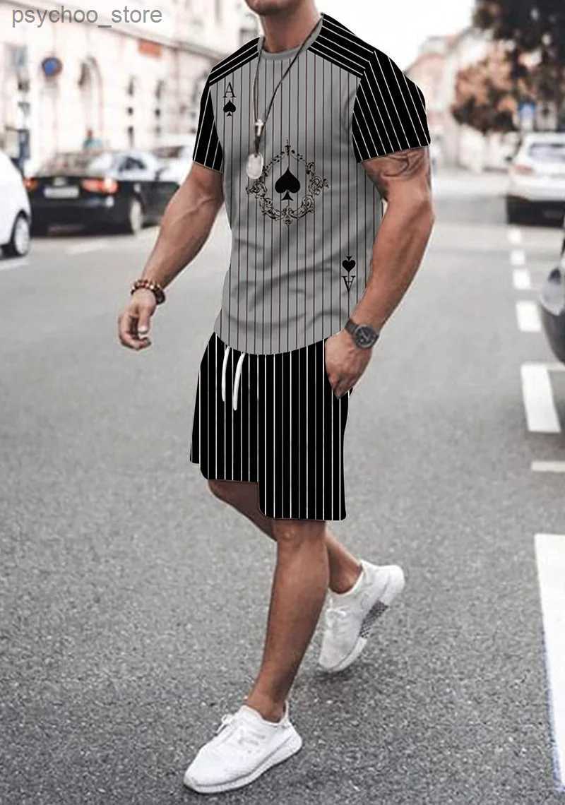 Men's Tracksuits Mens casual fashion striped spade ace short sleeved gray T-shirt and short sleeved set 2023 summer new short sleeved shorts-image-951802779