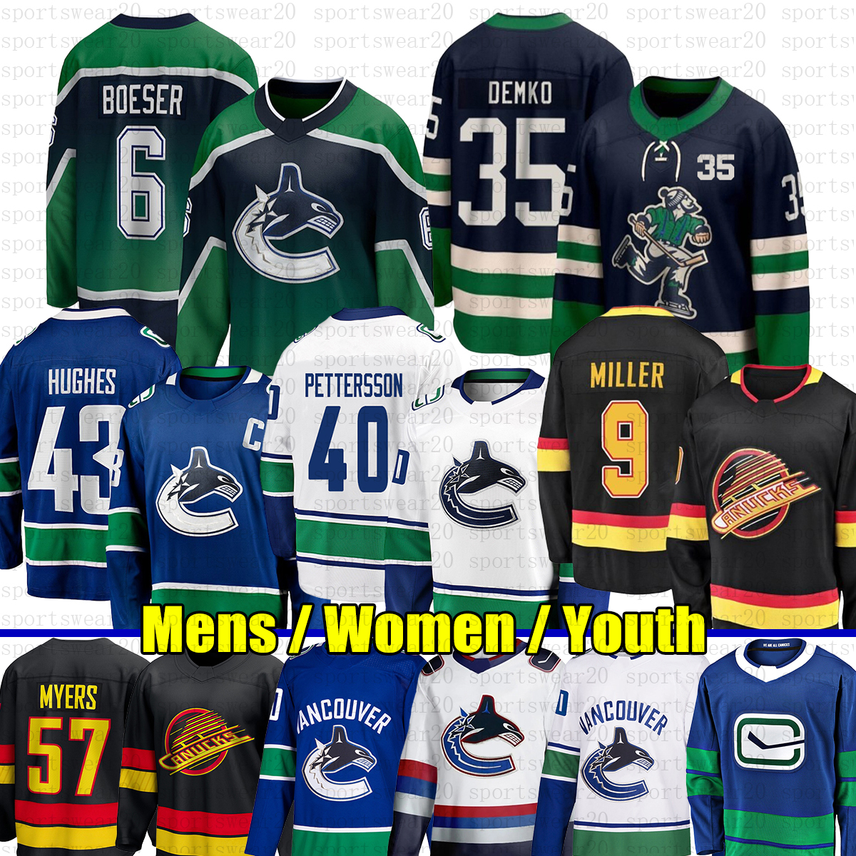 40 Elias Pettersson vancouver Reverse Retro hockey jersey canucks jersey 43 Quinn Hughes J.T. Miller Brock Boeser Dakota Joshua Kuzmenko Thatcher Demko jerseys youth 