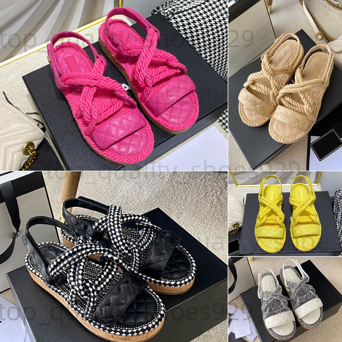 summer dad sandals Womens Hemp Rope Woven Metal Chain Sandal Slipper Designer Fashion Luxury Elegant Simple Material Flat Shoes Comfortable Desig-image-951908081