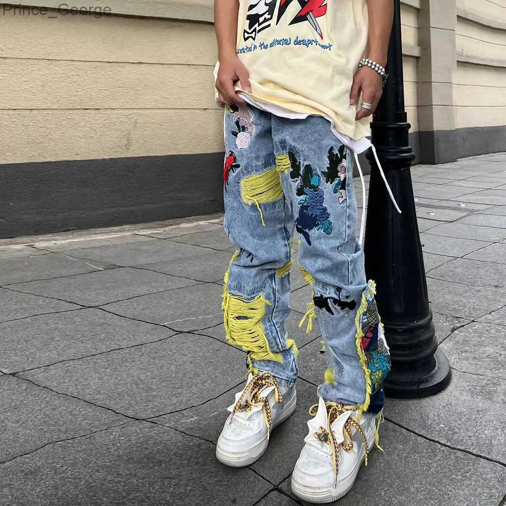 Men's Jeans Chinese Painting Embroidered Patch Denim Ripped Jeans for Men Streetwear Washed Destroyed Pleated Straight Jean Male TasselsL240-image-983001555